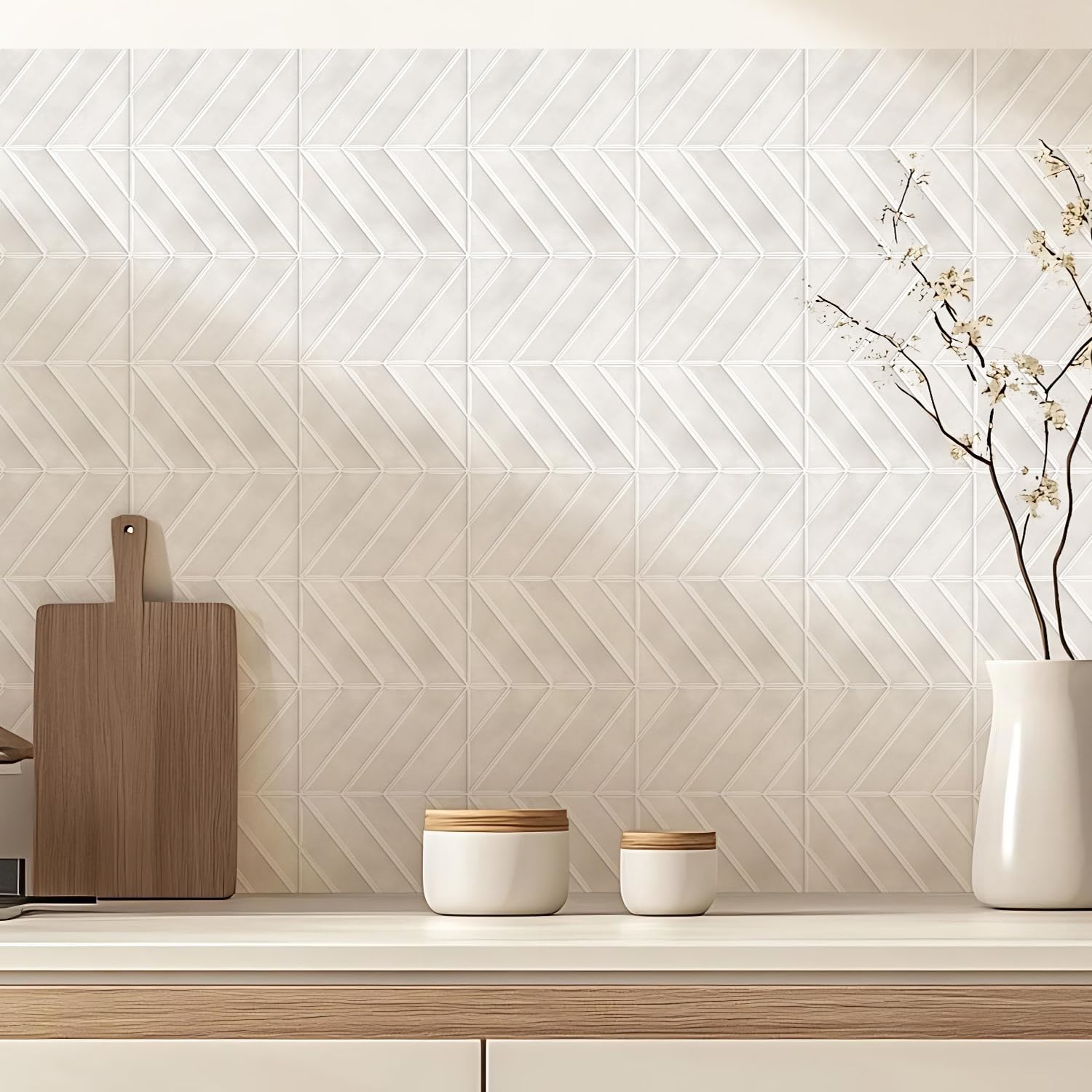 Alwayspon Adhesivos de pared de vinilo 3D, 23 x 29 cm x 10 unidades, color crema, patrón de espiga, autoadhesivo, impermeable, protección contra salpicaduras, adhesivos para cocina, baño, pared