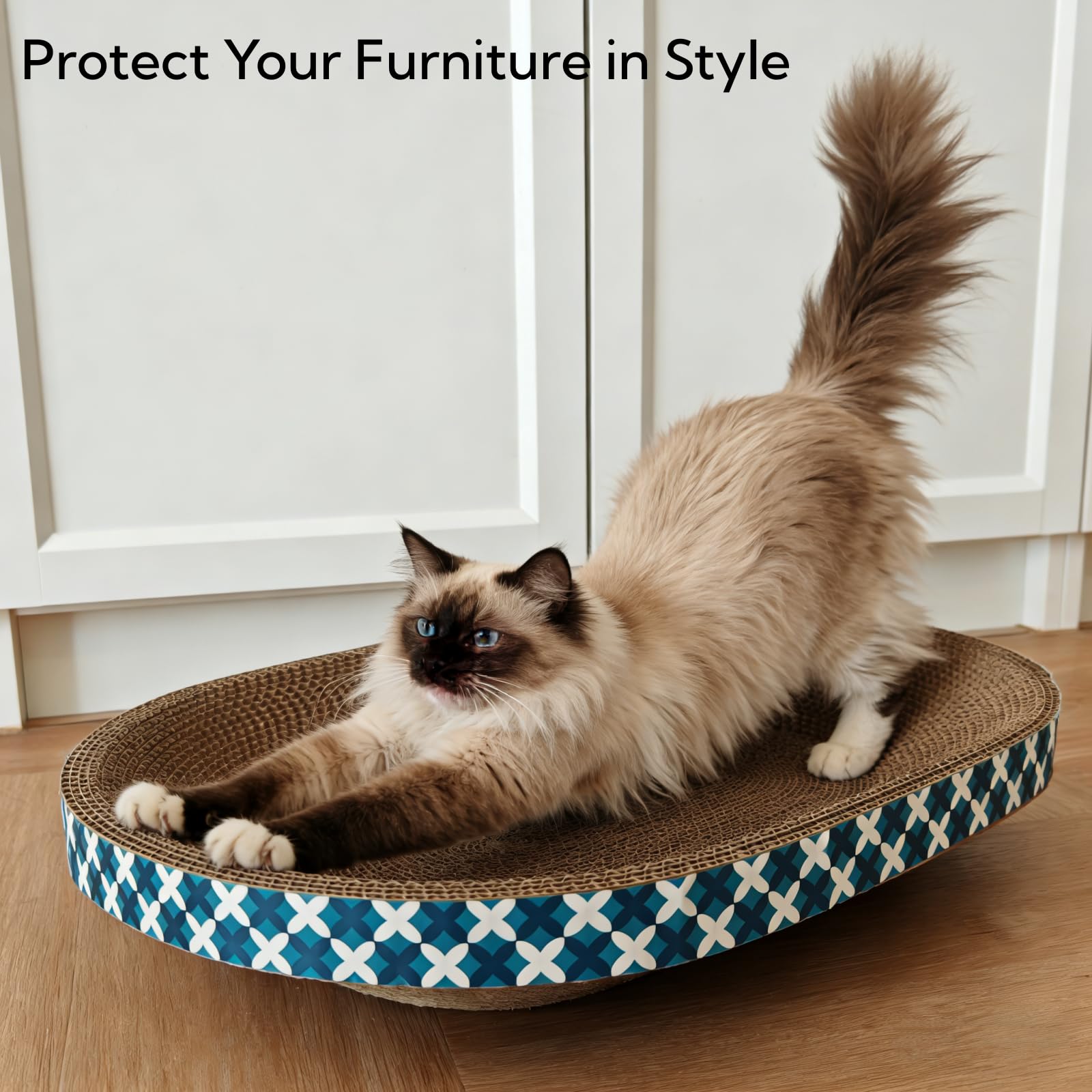 Panier Grattoir pour Chat avec Jouets, Lot de 4 Griffoirs Ovales en Carton Bol à Gratter pour Intérieur, Grand Tapis à Griffer avec Poisson à la Cataire & Plumeau, Protecteur de Meubles