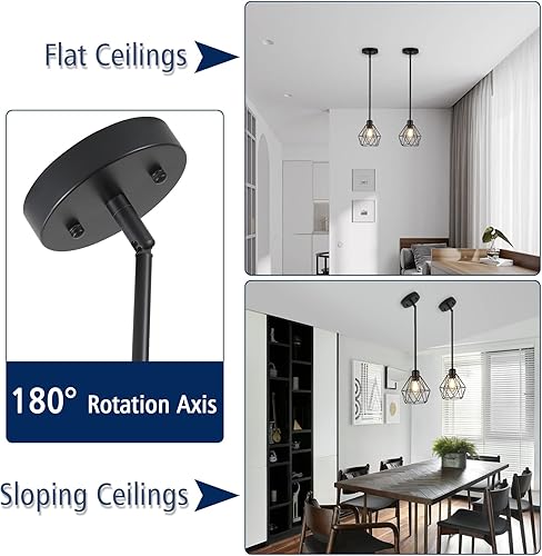 Miniatura 3 de Paquete de 2 luces colgantes negras para isla de cocina, moderna lámpara colgante de granja con pantalla de jaula de metal, lámpara colgante