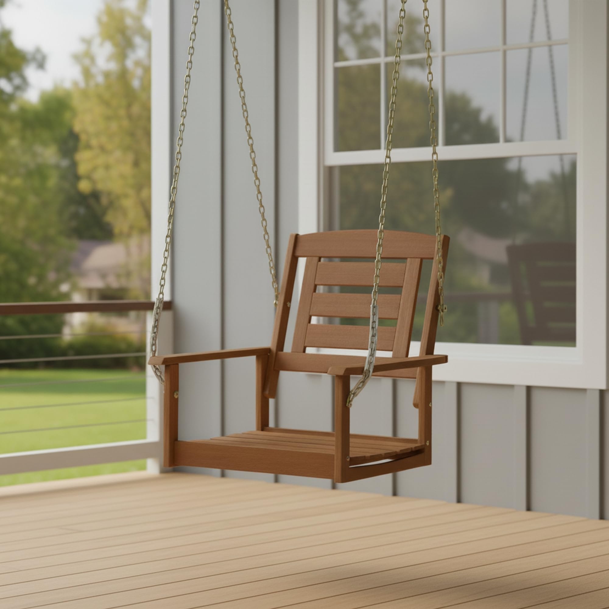 Furinno TIOMAN Porch Swing, Outdoor Single Hanging Wooden Swing with Chain, for Patio, Garden, Porch, Light Wood