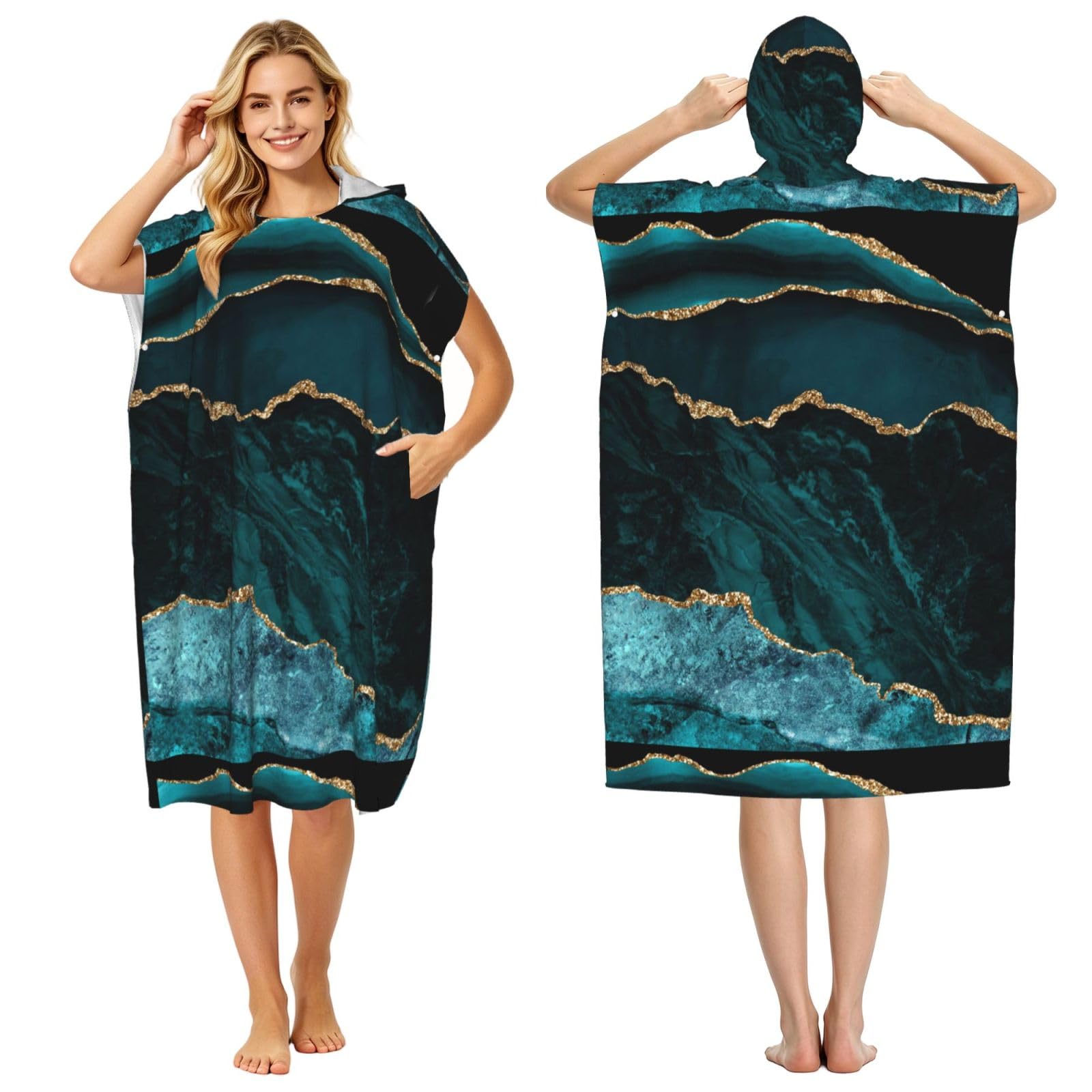 Poadnly Teal Emerald Marble L And Scapes, Adult Hooded Beach Towel 90 x 110 cm,Changing Bath Robe, Surf Poncho Towel For Women Men