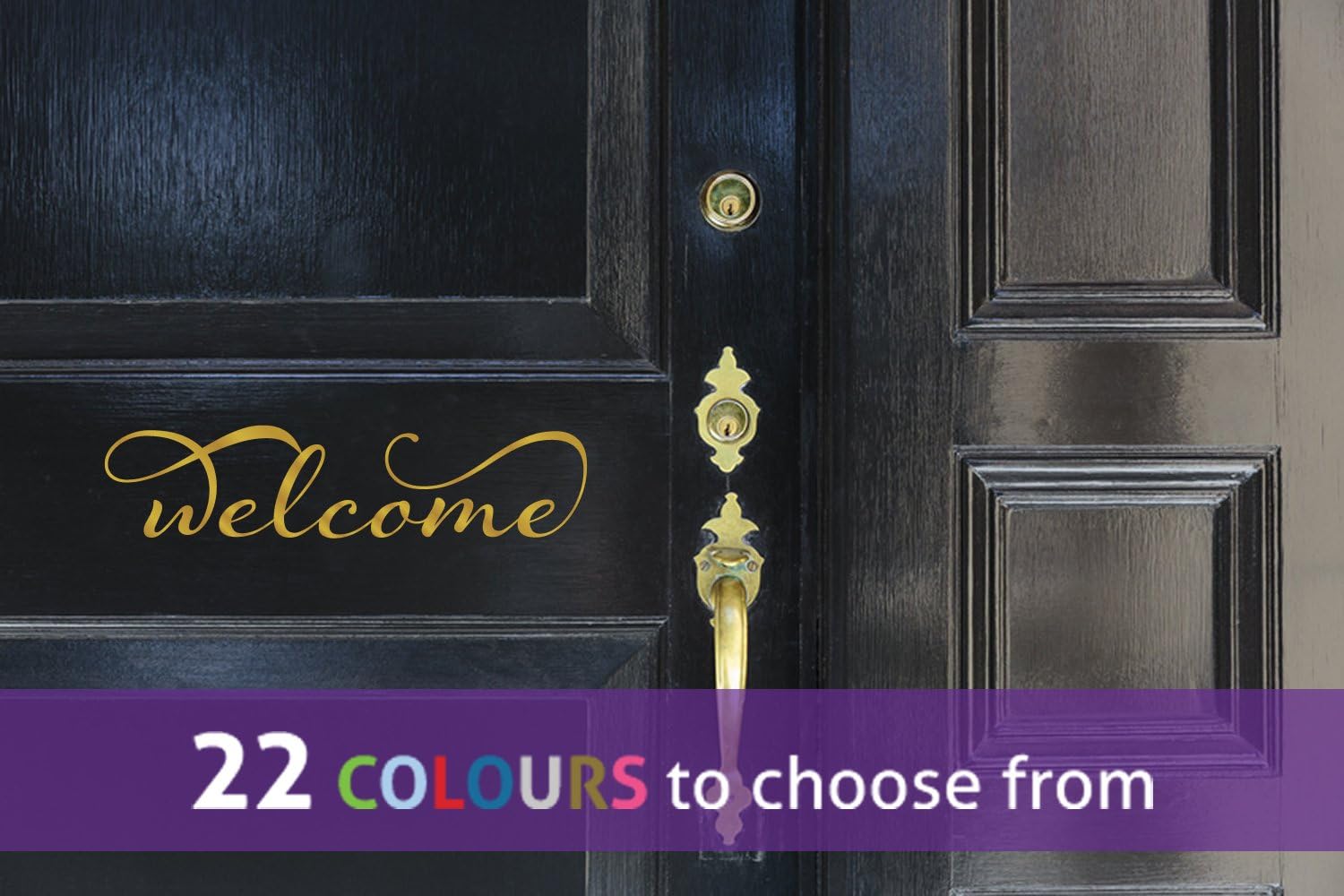 Word WELCOME sign with swirls for for your front door, wall art sticker decal, GOLD (METALLIC), 30cm x 7 cm