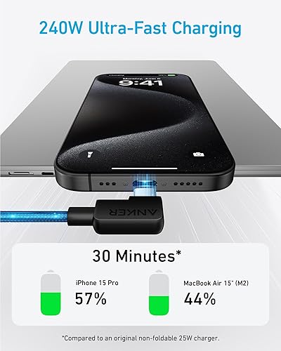 Miniatura 3 de Anker Cable USB C en ángulo recto, 240 W, paquete de 2 cables USB C a USB C de 6 pies, cable de carga trenzado tipo C de 90 grados, para iPhone 15,
