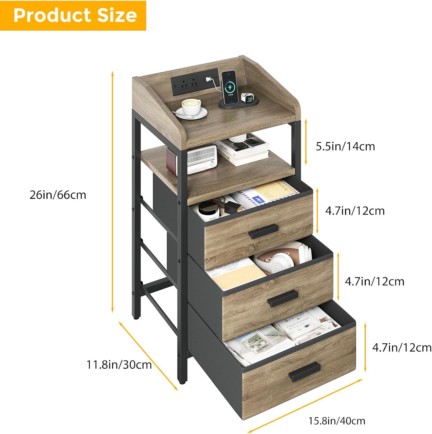 ITEFDTUTNE Nightstand with Drawers Night Stand with Charging Station and led Light Bed Side End Table with Storage for Bedroom Living Room 2 USB Ports and Outlets