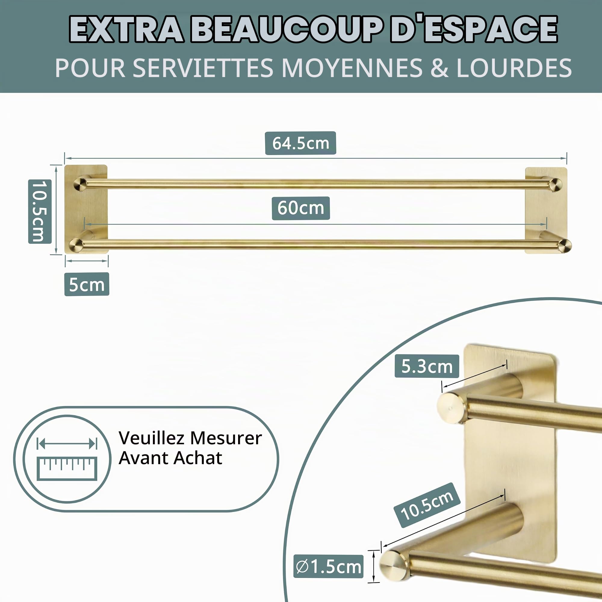 Porte-Serviette Double 60cm Autocollant sans Perçage, Acier Inoxydable, Doré‌