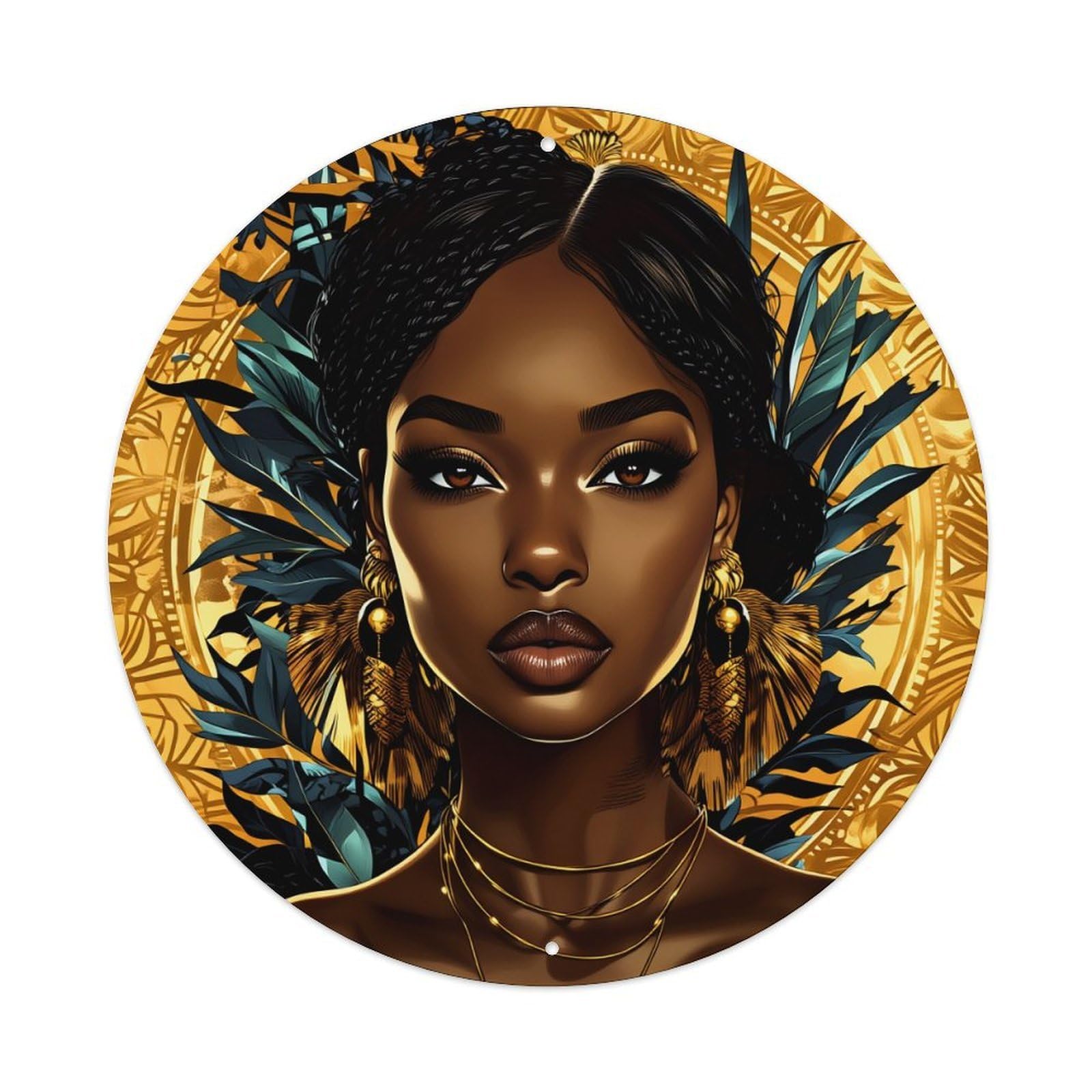 Golden Leaves And Feathers Pattern Round Tin Sign Vintage Metal Poster, Home Bar Garage Man Cave Cafe Indoor & Outdoor Wall Decoration 8x8Inches