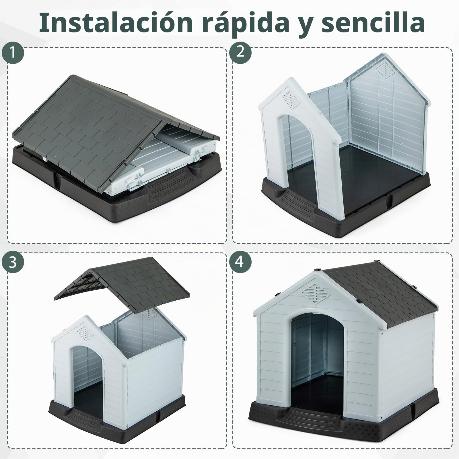 FANTASK Caseta para Perros de plástico para Exteriores, Cueva para Perros con Suelo Elevado y Techo Impermeable, para jardín, Interior y Exterior (70 x 65 x 71,5 cm, Gris)