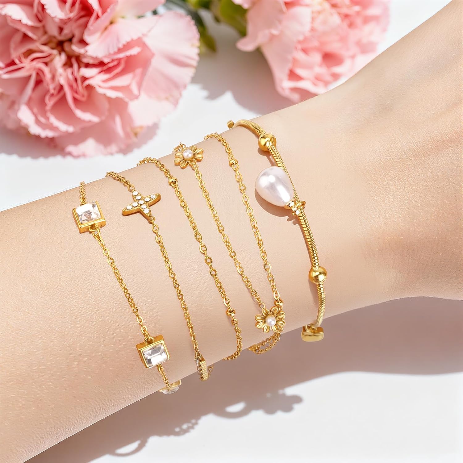 18K Gold Plated Bracelets for Women, 4-Piece Set, Elegant Stackable Tennis Link Chain Bracelet Collection for Daily Wear Jewelry Gifts