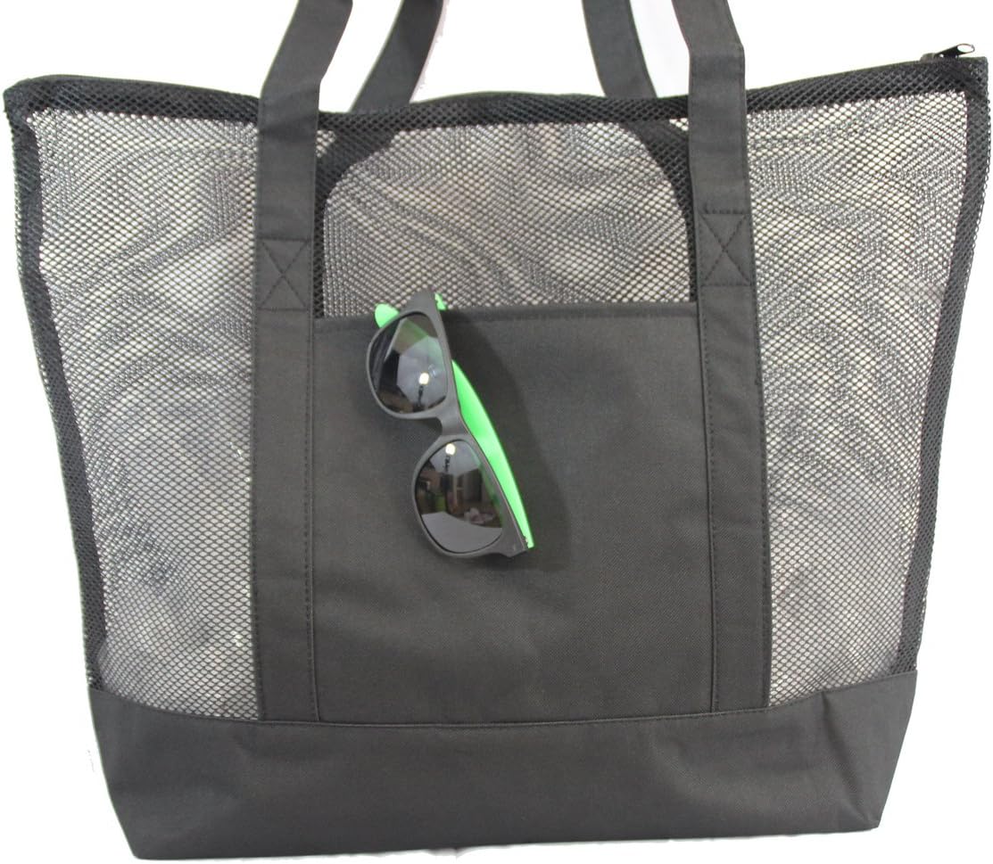 Deluxe Mesh Beach Tote Bag with Zippered, Black image 3