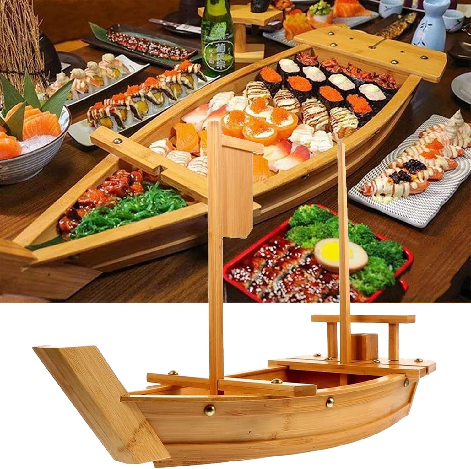 Large Size Wooden Sushi Boat Sushi Plates Serving Tray Sashimi Board Sushi Tray Serving Boat Plate Japanese Sushi Serving Platter Fruit Tray for Home Restaurant Bar(Size:Wooden/3.0FT)