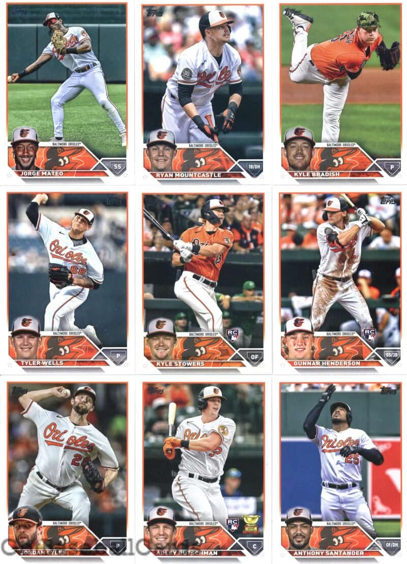 2023 Topps Complete Set (Series 1 & 2) Baltimore Orioles Team Set of 24 Cards: Jorge Mateo(#38), Ryan Mountcastle(#47), Kyle Bradish(#77), Baltimore Orioles(#112), Tyler Wells(#151), Kyle Stowers(#156), Gunnar Henderson(#206), Jordan Lyles(#212), Adley Rutschman(#250), Anthony Santander(#265), Dean Kremer(#267), Cedric Mullins(#317), Spenser Watkins(#393), Cole Irvin(#408), Ryan McKenna(#499), Félix Bautista(#510), Terrin Vavra(#524), plus more - GotBaseballCards