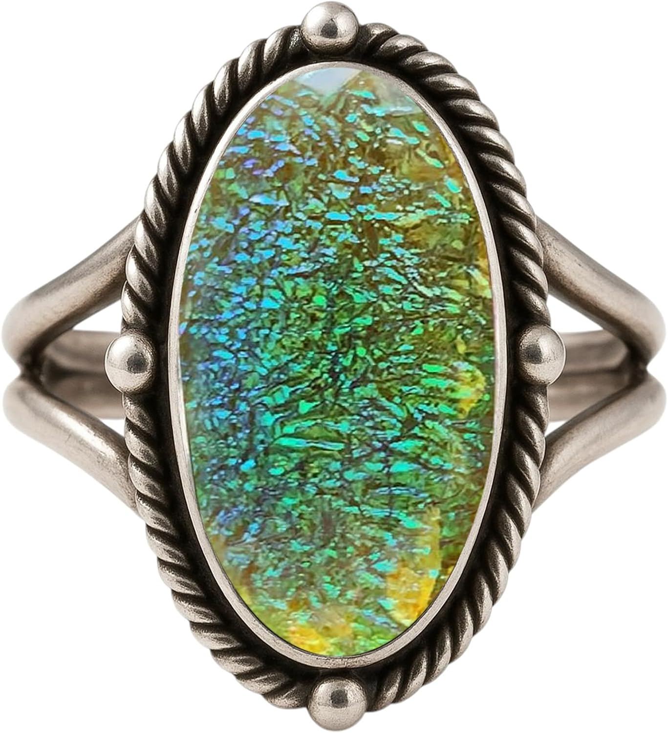 Vintage Oval Gemstone Ring for Women with Antique 925 Sterling Silver Rope Wire Boho Statement Ring For Anniversary Engagement Gift For Her