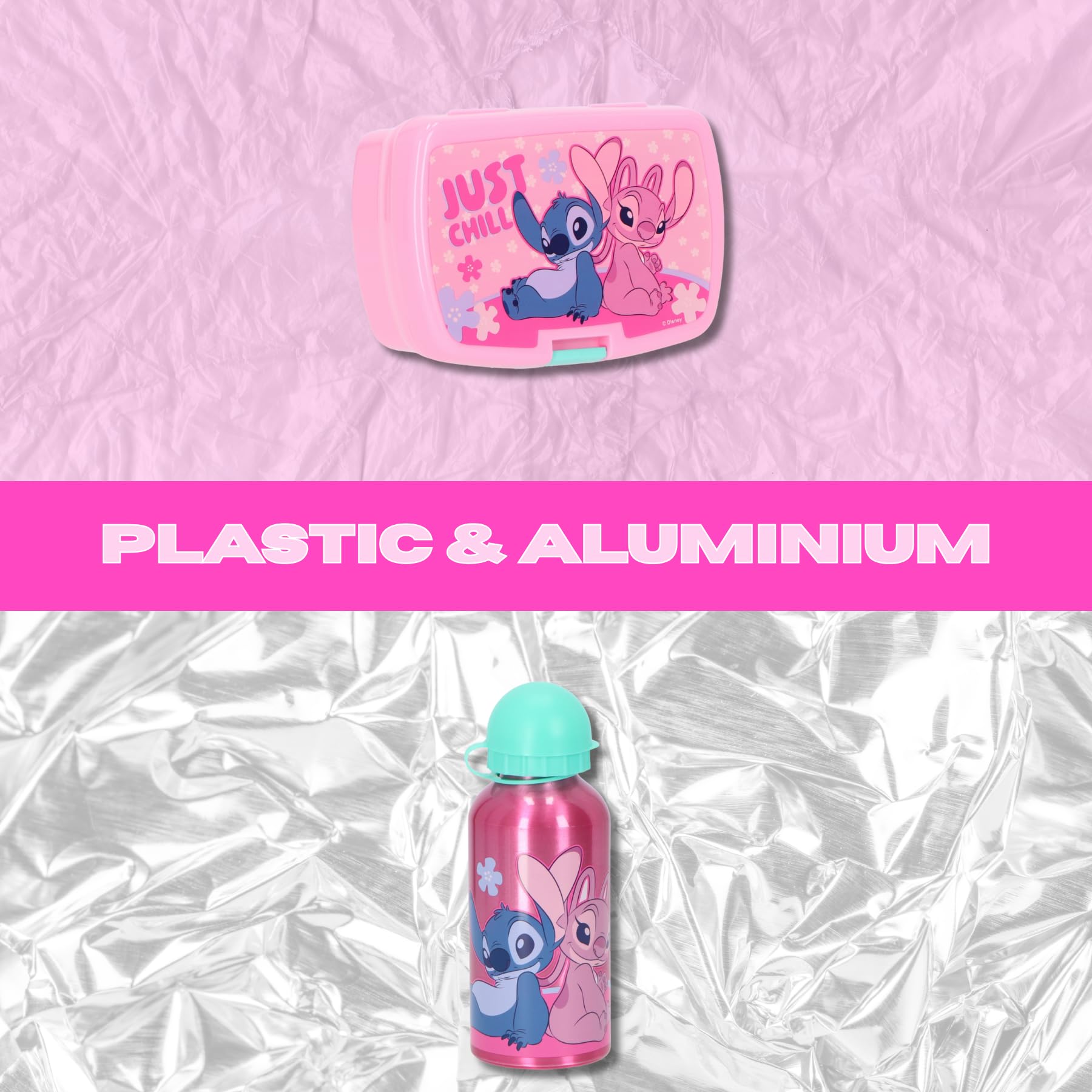 Disney Stitch Brotdose mit Trinkflasche Rosa – Kinder Lunchbox Set, 2-teilig, ideal für Schule, Kindergarten & Ausflüge