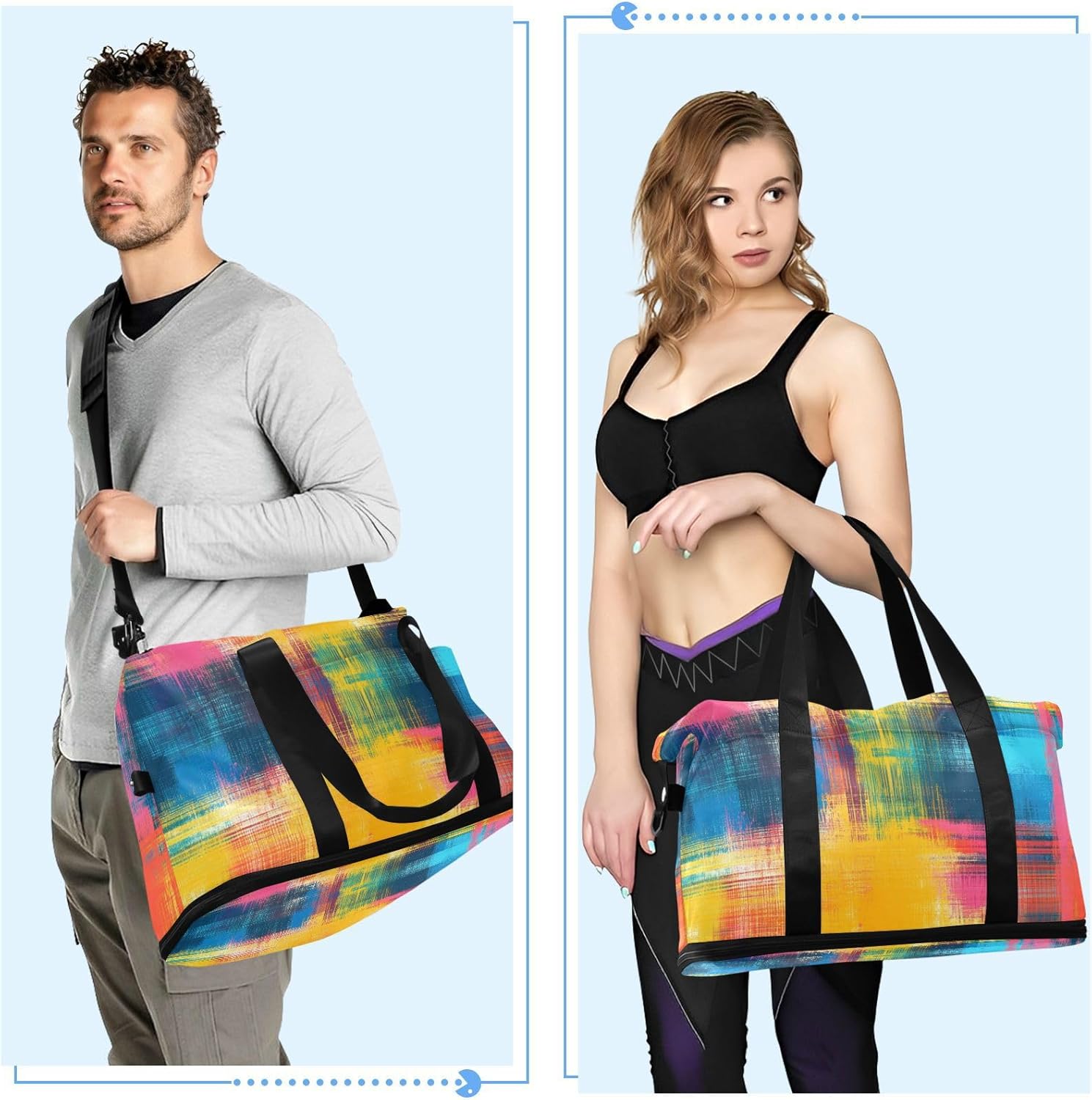 Tie Dye Plaid Abstract Multicolor Sports Tote Gym Bag Weekender Overnight Bag with Toiletry Bag for Hiking Foldable