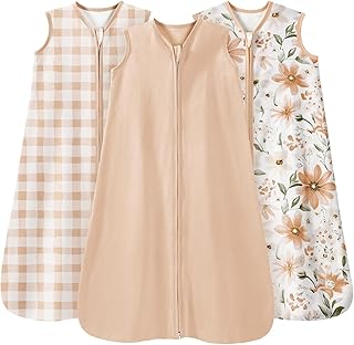 Unnivoll 3er Pack Schlafsack Baby Sommer 0.5 Tog 100% Baumwolle Sommerschlafsack Babyschlafsack 12-18 monate 84 cm für Jungen Mädchen Kinder Braunes Karo mit Blumenmuster