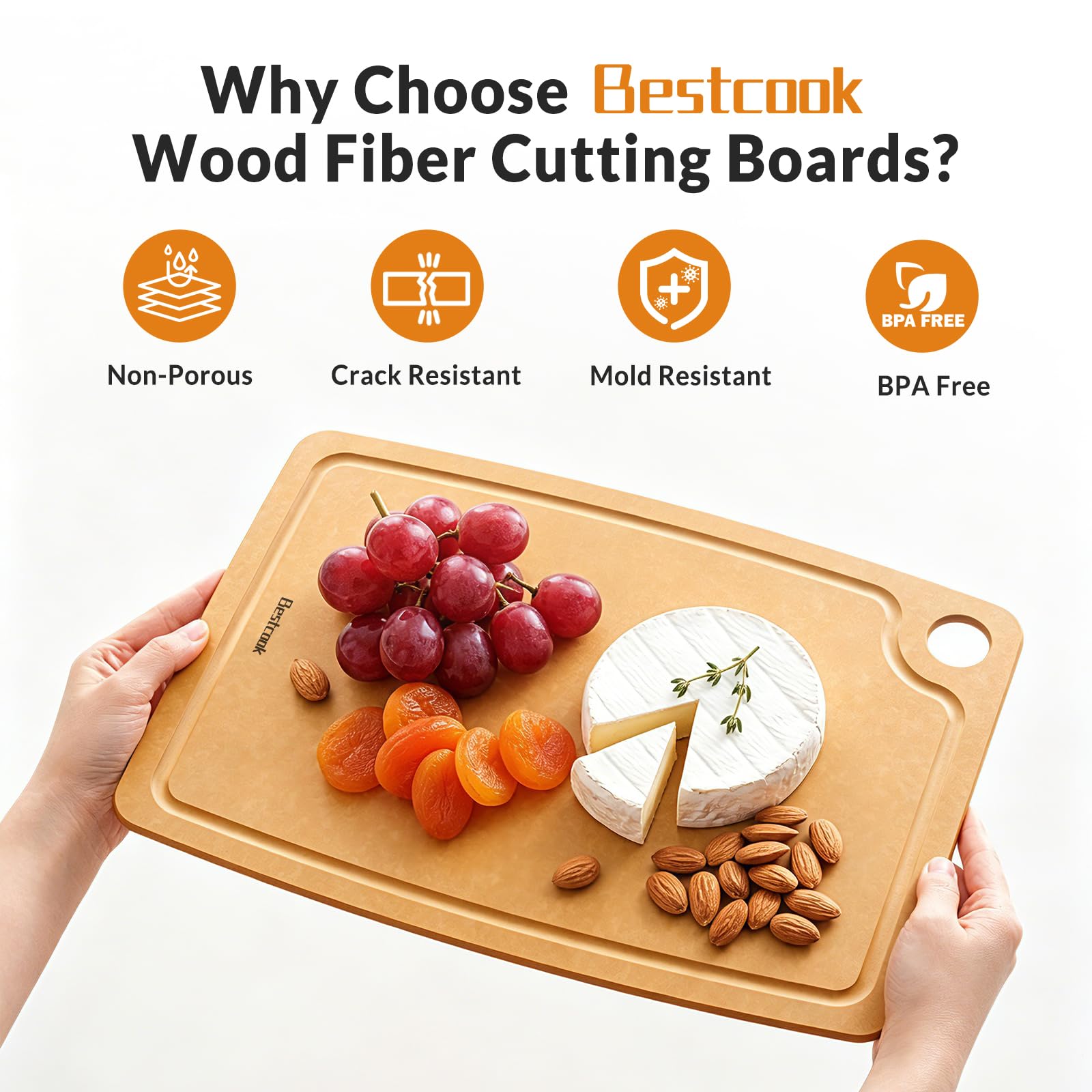 BESTCOOK Juego de 2 tablas de cortar de fibra de madera, tablas de cortar compuestas con ranura para jugo, aptas para lavavajillas, no tóxicas, sin BPA, no porosas, patas antideslizantes para cortar