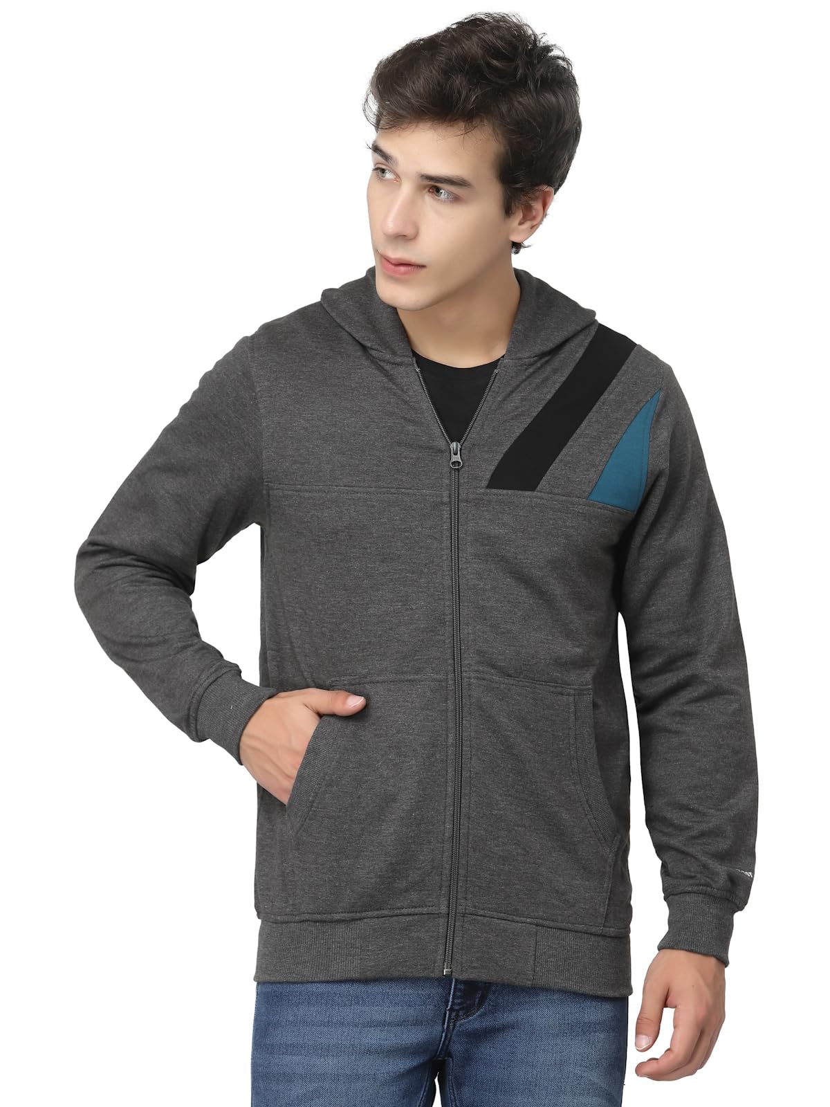 kalt Men Full Sleeves Zipper Fleece Colour Block Hoodie-picture-12