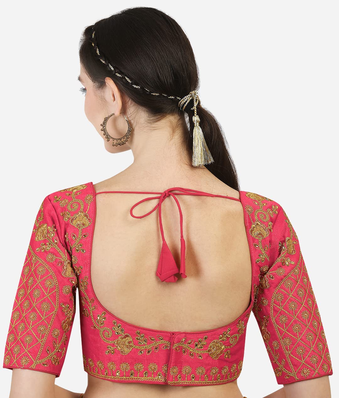 Pujia Mills Women's Embroidery Handwork Thread Zari Stone Work Readymade Blouse (36, Gajari)