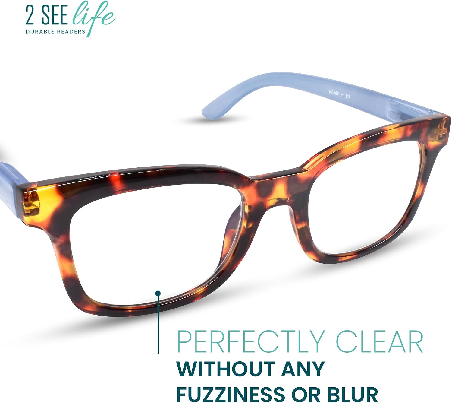 2SeeLife Wide Reading Glasses for Women – Medium-Large Fit, Thick & Sturdy Frame, Spring Hinges, Premium Designer Readers, Tortoise Blue, +3.00