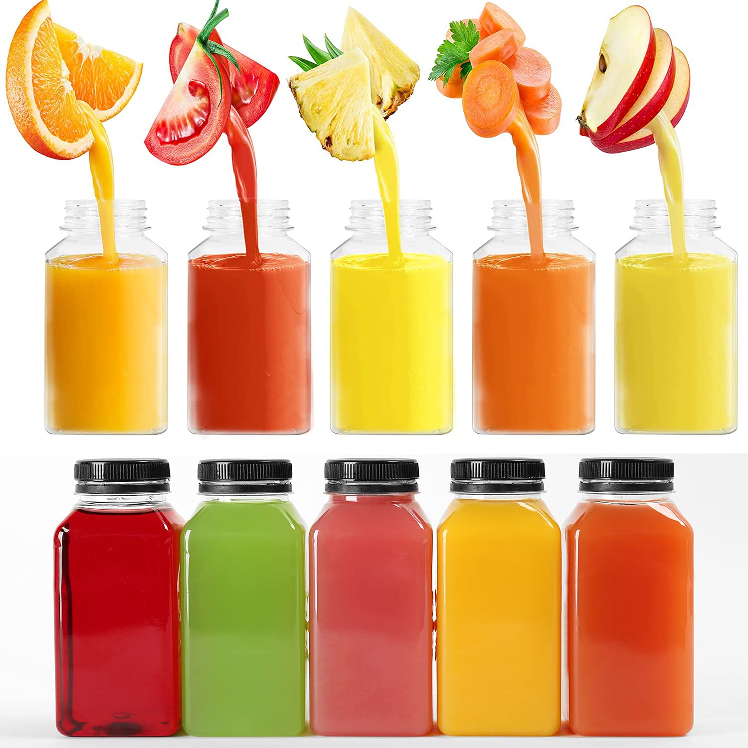 4 OZ Plastic Juice Bottles, Reusable Bulk Beverage Containers, Comes Black lid, for Juice, Milk and Other Beverages, 20 Pcs.