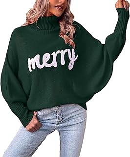 Women Ugly Christmas Oversized Turtleneck Pullover Sweater Cute Merry Print Batwing Sleeve Loose Jumper Fall Outfits