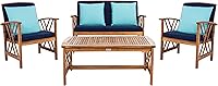 SAFAVIEH Fontana 4-Piece Outdoor Conversation Set with Navy Cushions & Blue Pillows, Acacia Wood Patio Furniture