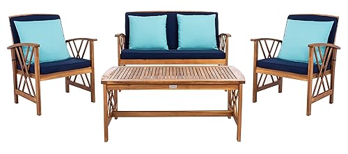 SAFAVIEH Outdoor Collection Fontana Natural/ Navy Cushions/ Blue Pillows 4-Piece