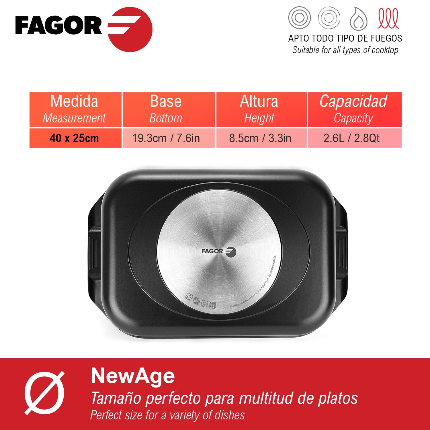 Fagor NewAge Rustidera/Asador rectangular 40 x 25 cm, cuerpo fabricado en aluminio fundido, antiadherente bicapa, tapa de vidrio termo resistente, innovador pomo con aromatizador