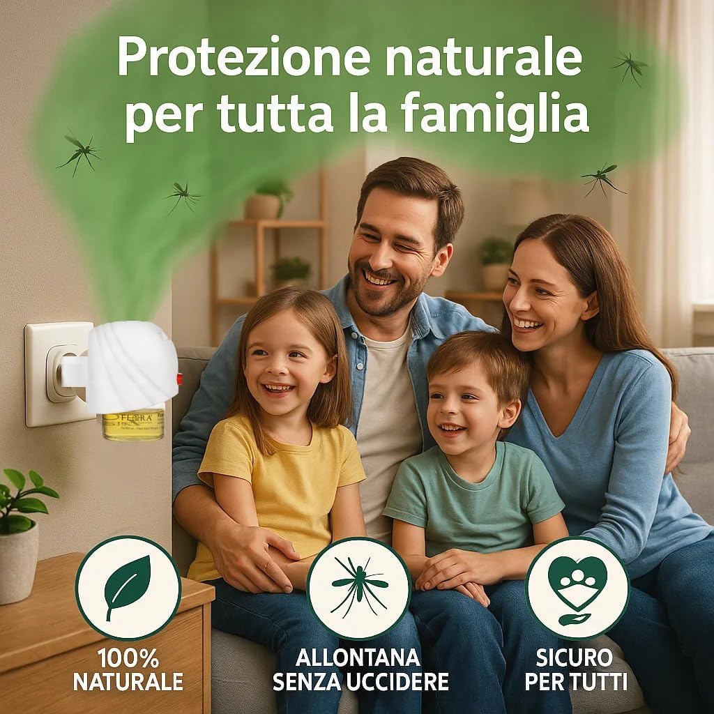 FLORA Diffusore Elettrico Zeta Free + Ricarica 25 ml – Miscela di Oli Essenziali Naturali (Citronella, Geranio, Lavanda, Neem), Profumo Fresco per Interni Poco Gradito agli Insetti, Fino a 30 Not