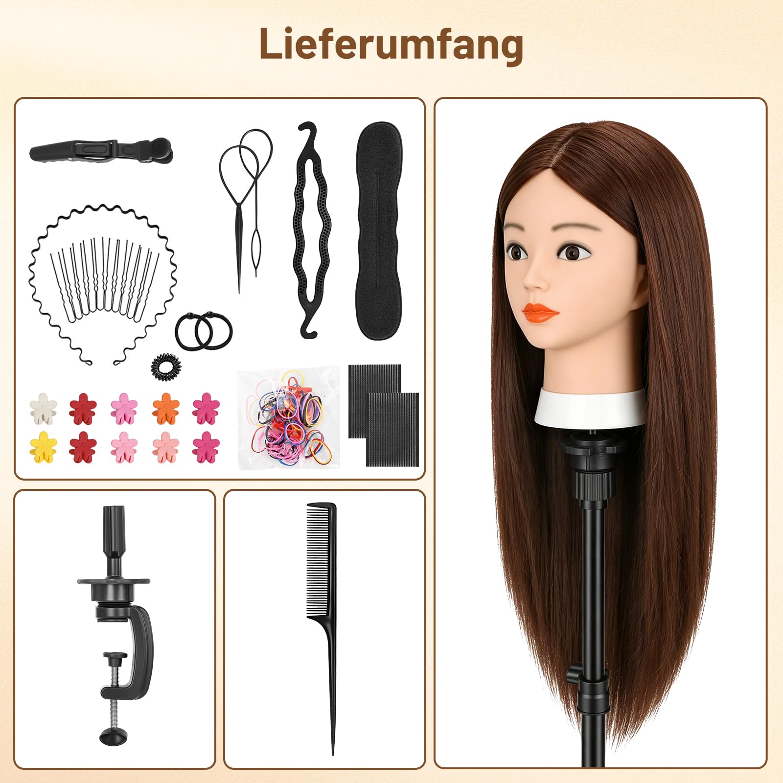 TwoWin Friseurkopf mit Haaren 26 Zoll 66 cm 80% Echthaar Mannequin Kopf Trainingskopf für Styling Friseurpraxis Dunkel Braun