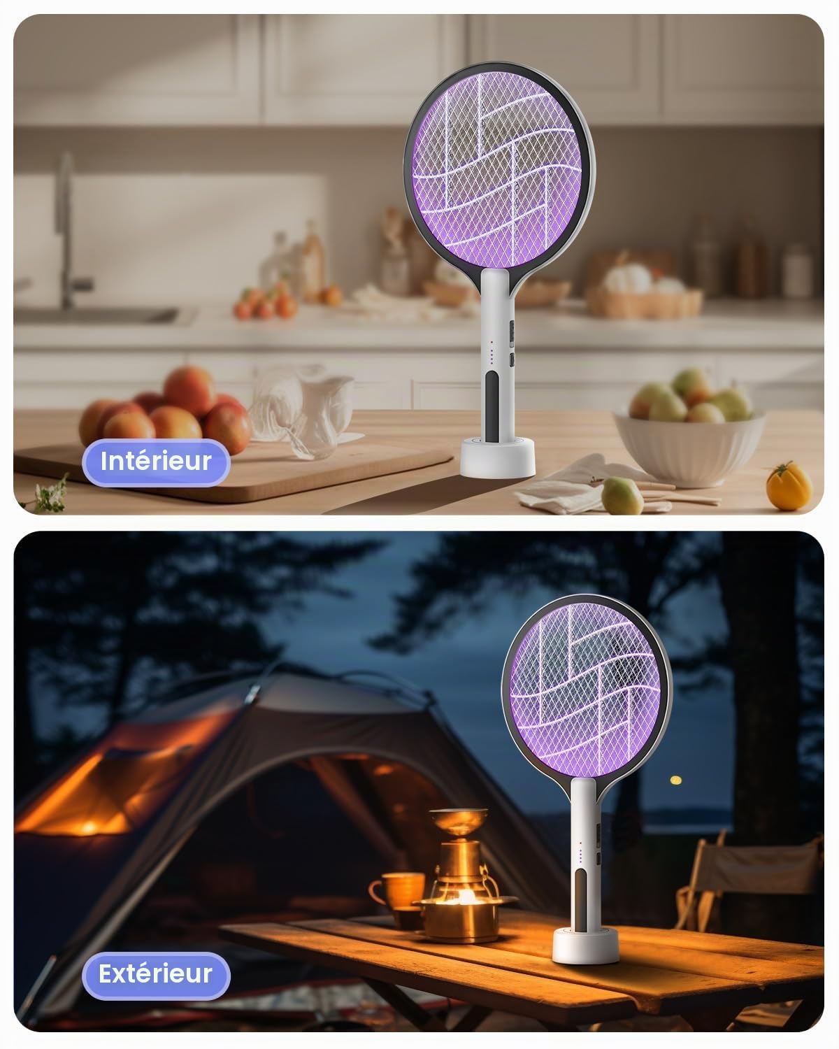 DEEZEE Raquette à mouches électrique 4500V rechargeable 2 en 1 portable tueur de moustiques violet 3 couches de sécurité