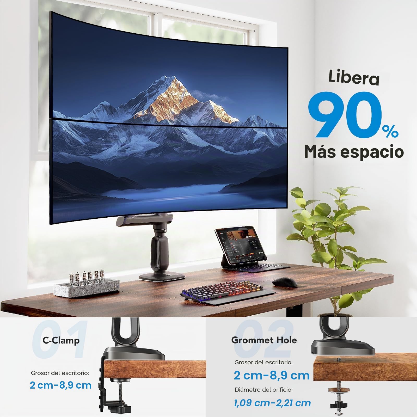 HUANUO Soporte para Dos Monitores para Pantal Ultraanch 13-49”, hasta 18kg, Brazo Monitor Doble Aluminio Resist y Extra Alto, Soporte Monitor Doble Apilado Vert y Total Ajustable, VESA Máx 100x100mm