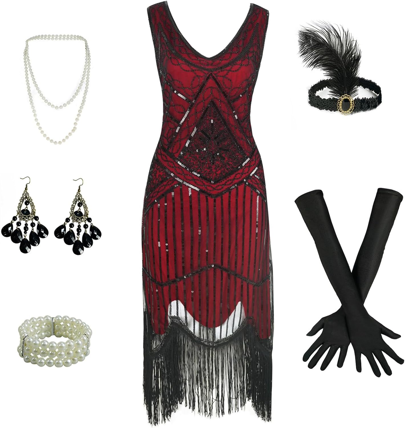Eunchaes 1920s Gatsby Sequin Fringed Beaded Flapper Dress Cocktail Dress with Roaring 20s Accessories Set