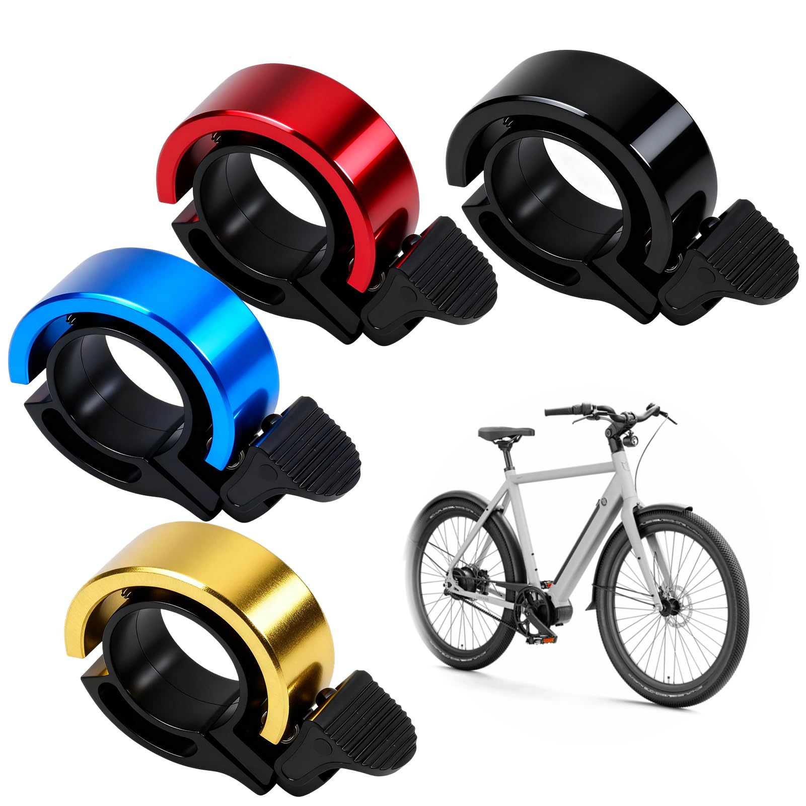4 PCS Bike Bell Super Loud - Aluminium Alloy Bicycle Horn for Adults & Kids, Universal Fit 31.8mm/22mm Handlebars, Mountain Road Cycling Accessories with Invisible Design (Red,Blue,Yellow,Black)