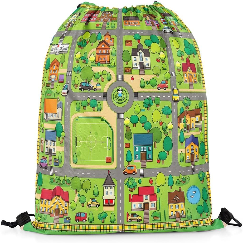 Castle Fairy City Traffic Map Drawstring Backpack Bag Car Town Street Football Field String Bag for Gym Yoga,Trendy Backpack Play Map Water Resistant Sports Sackpack 13"x16"