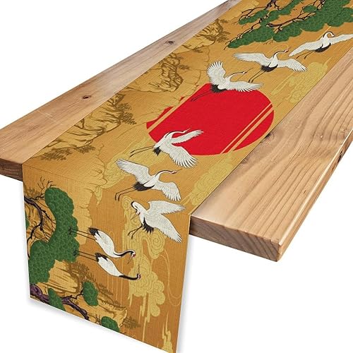 Miniatura 4 de Camino de mesa japonés, retro, tradicional, vintage, grúa, nubes, asiático, oriental, ondas, plantas, naturaleza, camino de mesa para el hogar,