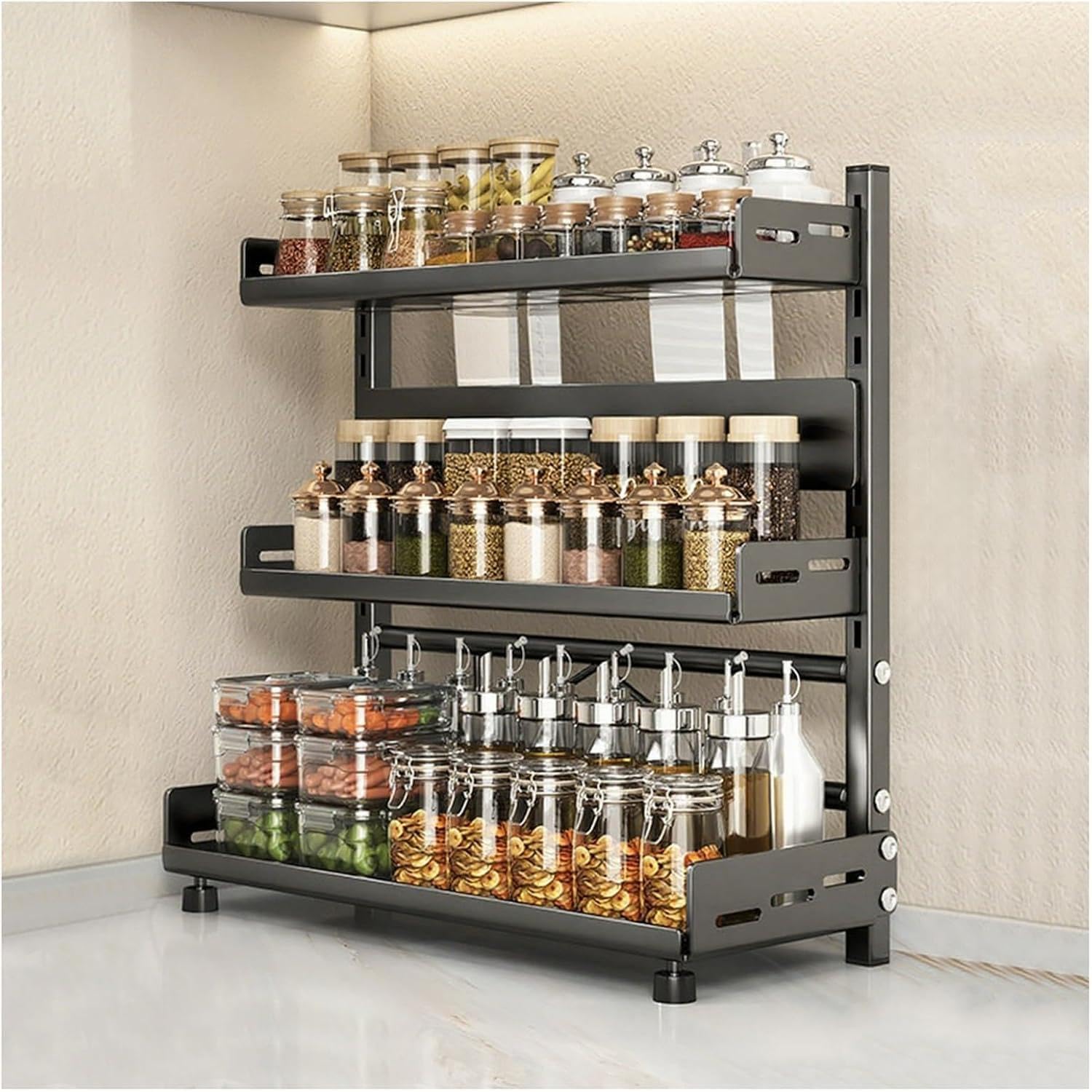 DLLDQBD 3-Tier Height Adjustable Spice Rack, Metal Kitchen Storage Shelf with Knife Slot, Rust-Proof Sturdy Organizer for Countertop and Cabinet(Size:40cm(15.75in))