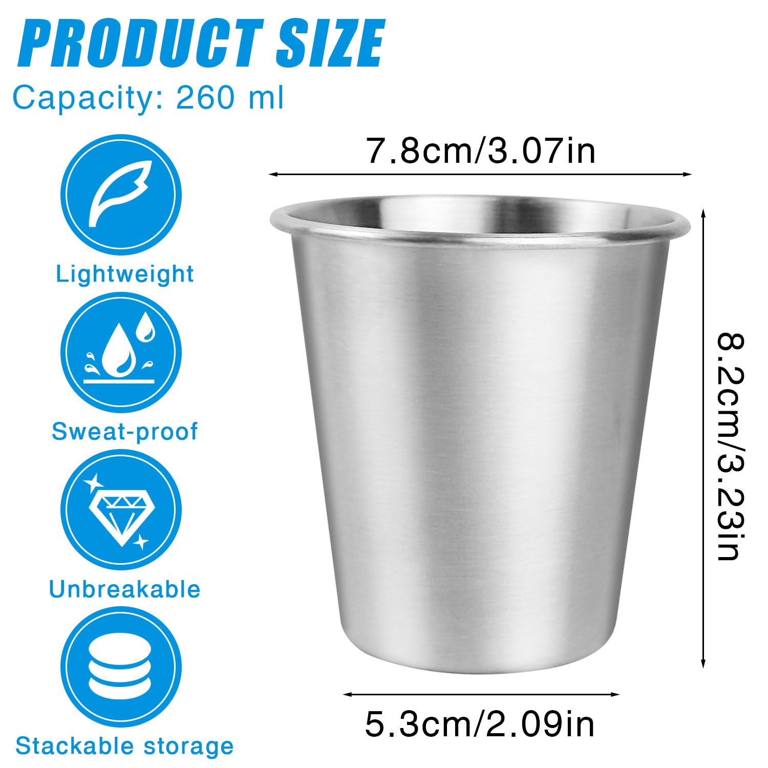 8 filiżanek ze stali nierdzewnej o pojemności 260 ml, kubki kempingowe, metalowe kubki bez uchwytu, ze stali nierdzewnej, na urodziny, piknik, kubek podróżny, nietłukący się, nie zawiera BPA