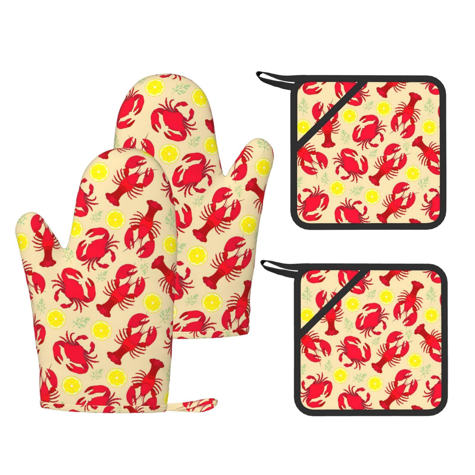 Lobster and Crab Printed Cooking Mitts and Pot Holders 4 Pcs, Heat Resistant Oven Gloves with Hanging Loop Chef