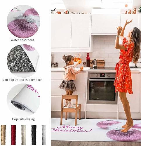 Miniatura 6 de YOKOU Alfombras de cocina, decoración de bola rosa de Feliz Navidad, alfombra antideslizante para suelo, cocina, mesita de noche, fregadero