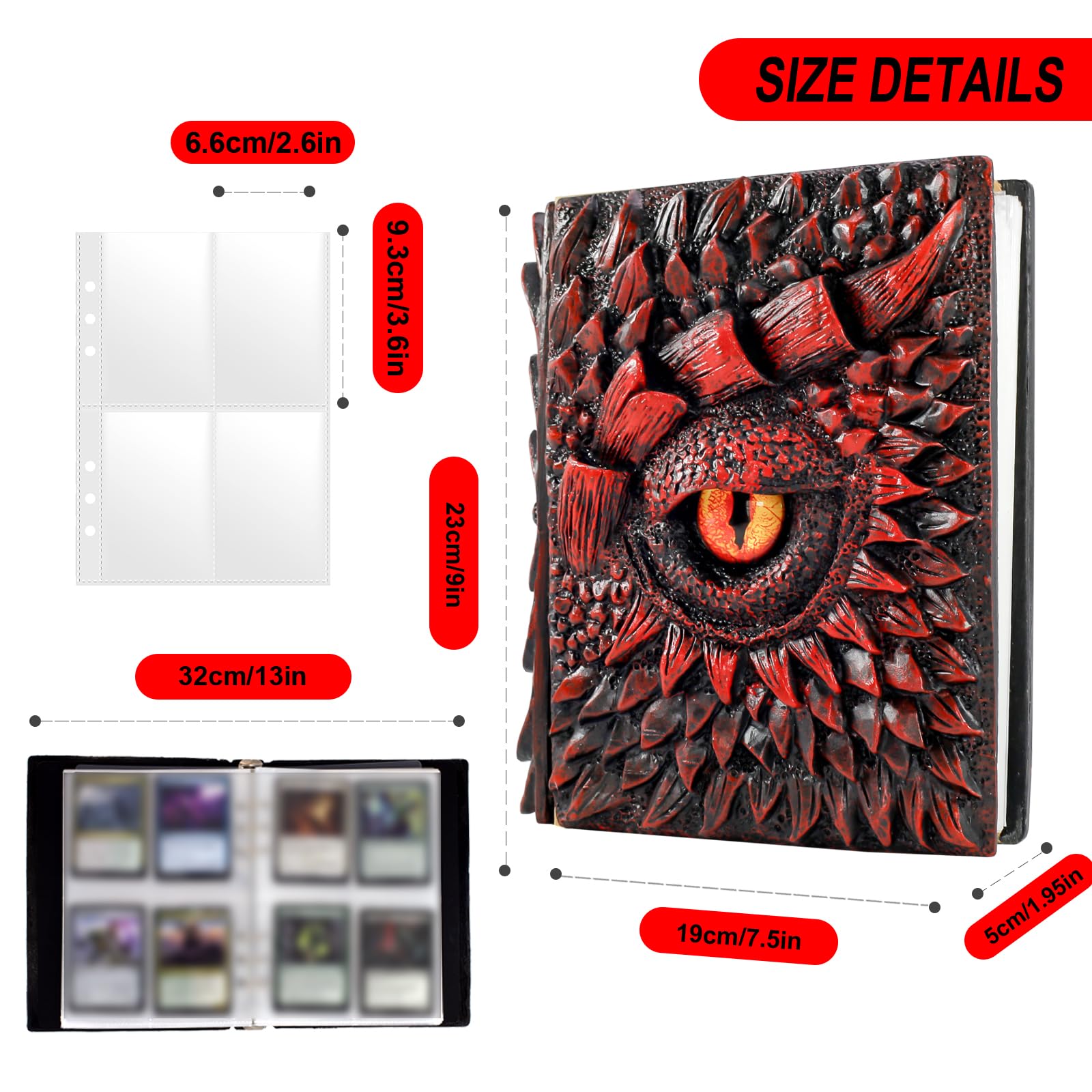 Sammelkarten-Binder, 3D-Drachenauge, geprägt, passend für 400 Karten, Kartensammler, Albumhalter, mit 50 abnehmbaren Hüllen, Spielzeug, Geschenke für Jungen und Mädchen, Rot