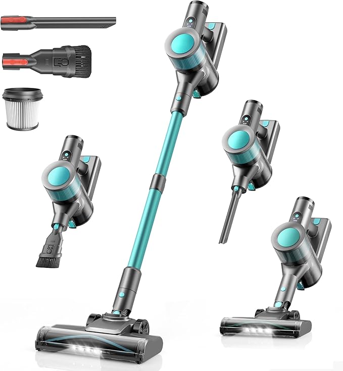 Dzaki Cordless Vacuum Cleaner, Stick Vacuum with Smart LED Display, 50KPA 55Mins Vacuum Cleaners for Home, Powerful Suction, Anti-Tangled Lightweight Rechargeable Vac for Pet Hair, Carpet (Turquoise)