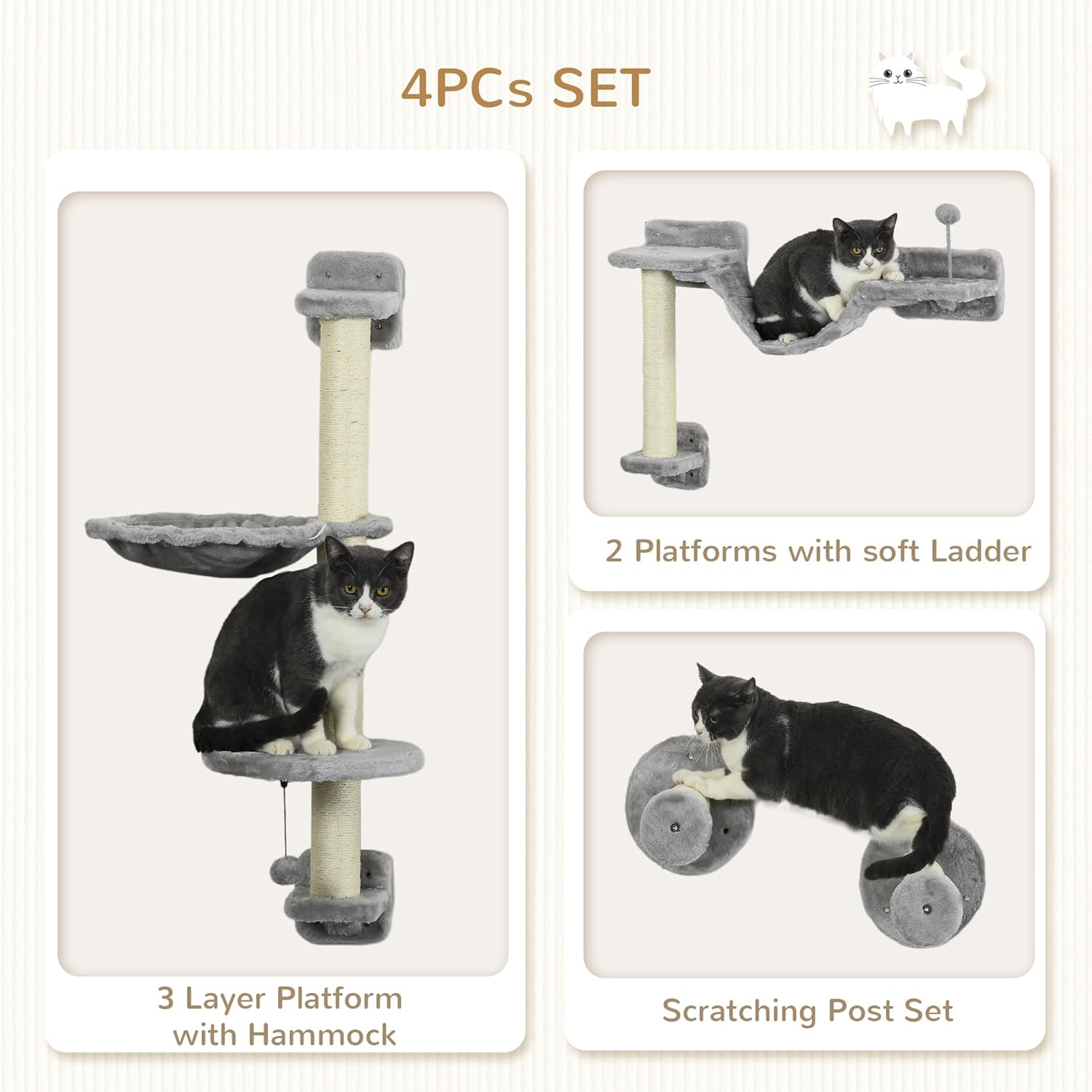 PawHut 4Pcs Wall Mounted Cat Shelves, Cat Climber with Hammock, Perches, Ladder, Scratching Post, Cat Wall Furniture for Large Cats, Grey