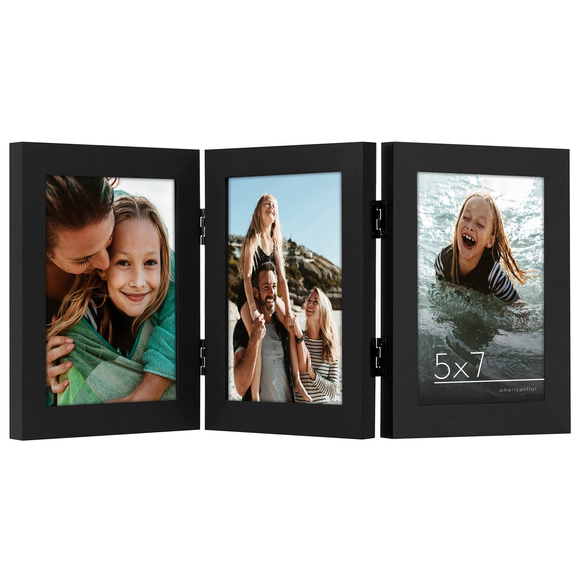 Americanflat Hinged 3 Picture Frame 5x7 with Shatter-Resistant Glass - Signature Collection - Foldable Picture Frame for Tabletop Display - Black