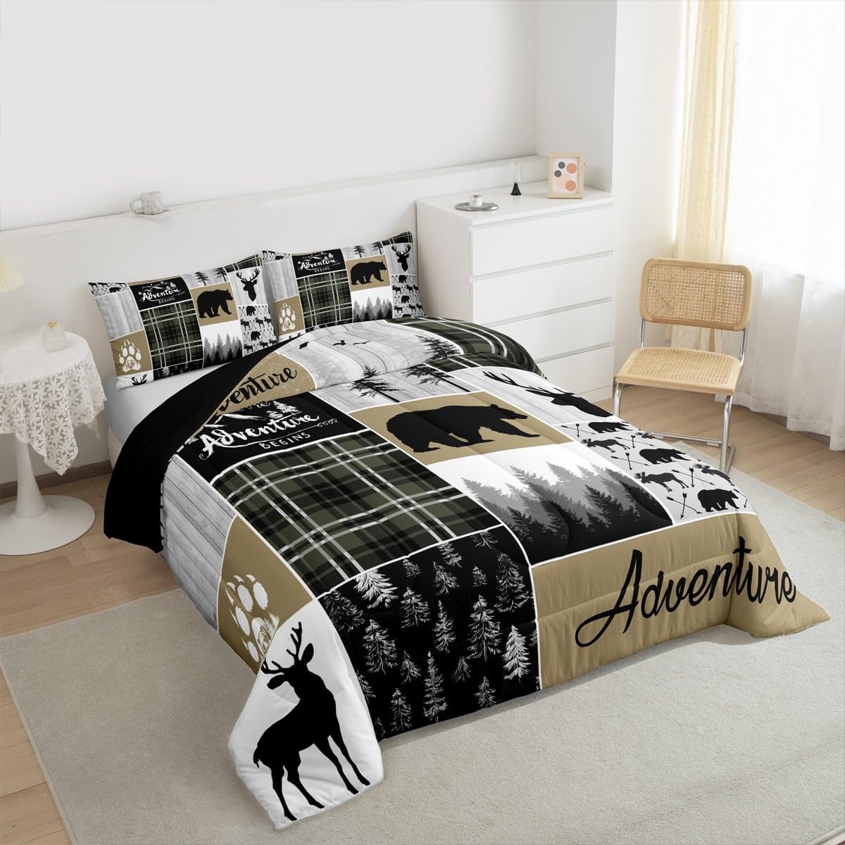 Rustic Cabin Comforter Set For Men, Farmhouse Country Bear Moose Bedding Queen Size, Forest Vintage Wood Decor Quilt Hunting Camping Adventure Themed Bedding Comforter Sets Bear Decor For Home