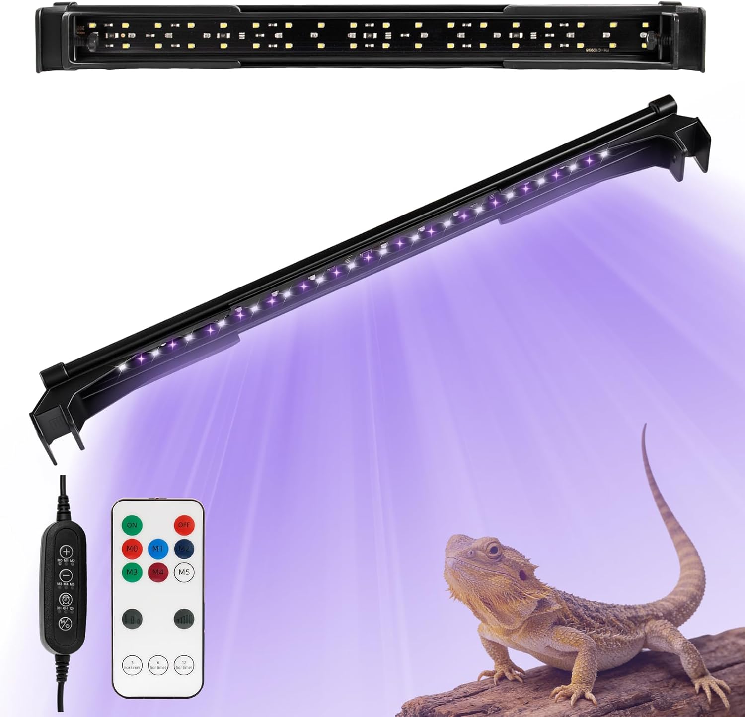 LED UVA UVB Light Fixture for Reptiles, 12.0/10.0/5.0 UVB Reptile Light for Bearded Dragon, with 4 UV Modes,10-Level Dimming 6500K & 24H Cycle Timer for Tropical & Desert Reptile, 14W, 15.7-in