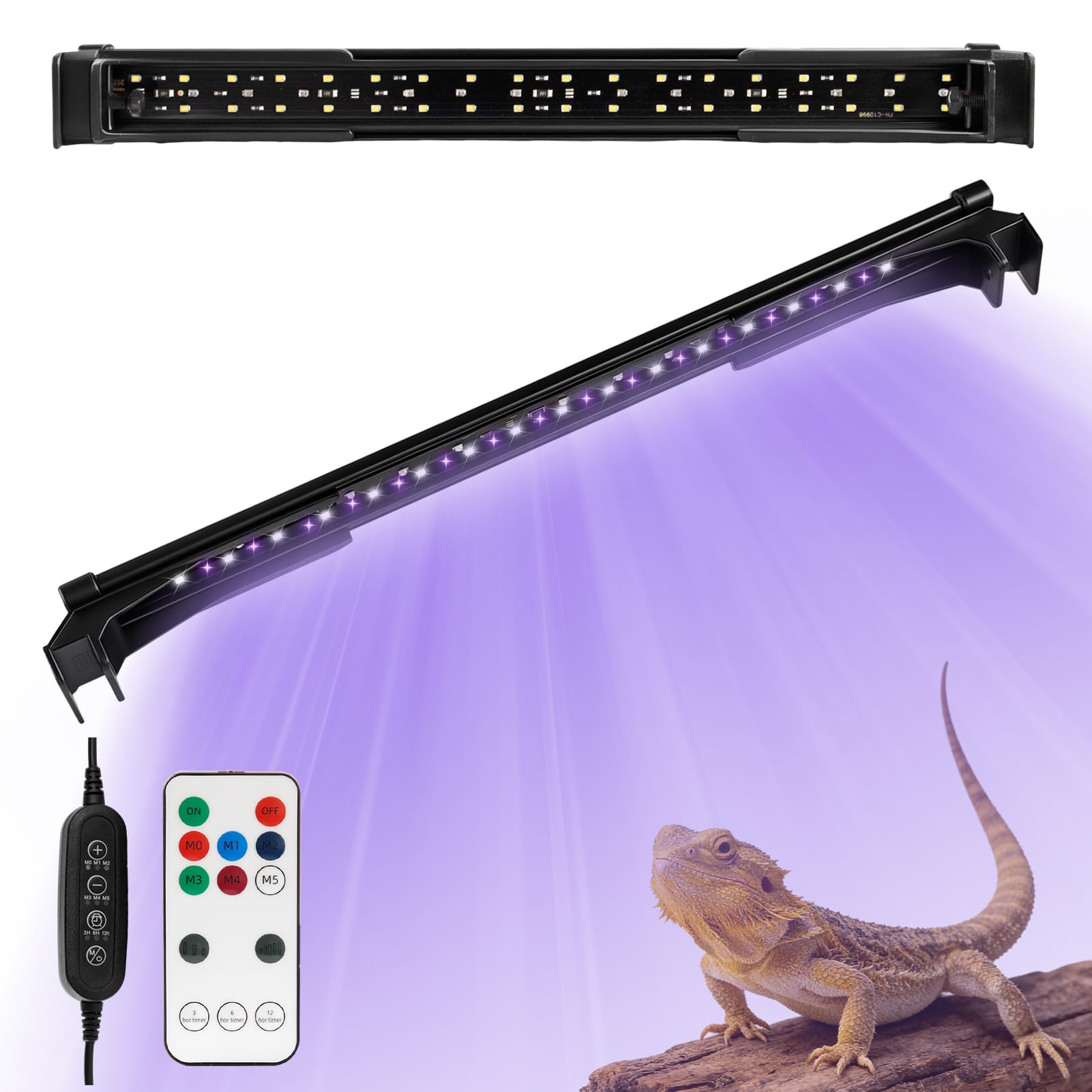 LED UVA UVB Light Fixture for Reptiles, 12.0/10.0/5.0 UVB Reptile Light for Bearded Dragon, with 4 UV Modes,10-Level Dimming 6500K &amp; 24H Cycle Timer for Tropical &amp; Desert Reptile, 14W, 15.7-in