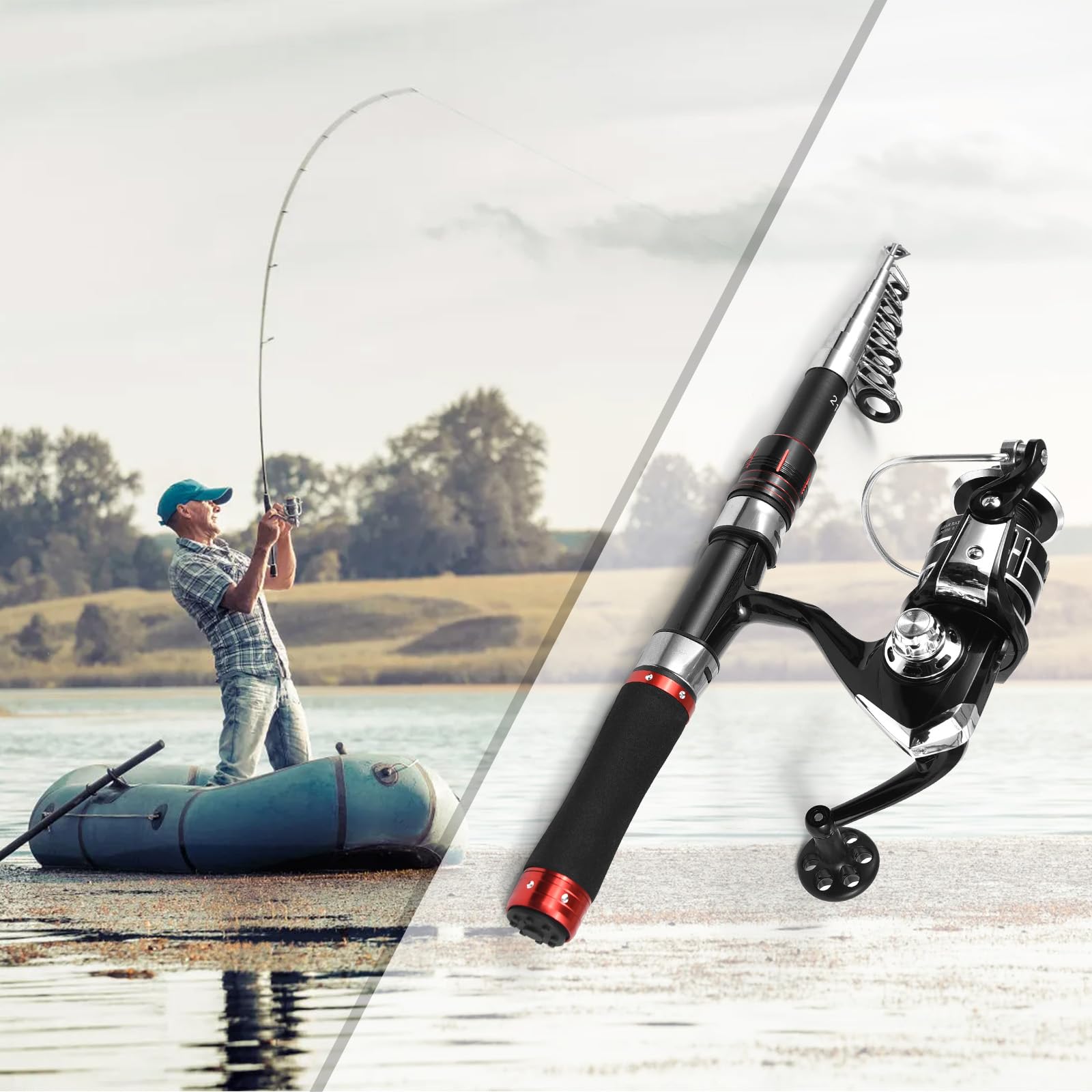 Canna da pesca telescopica e mulinello combinati, kit portatile pieghevole per canna da pesca da viaggio per uso in acqua dolce e salata con bobina inclinata liscia e forcellone