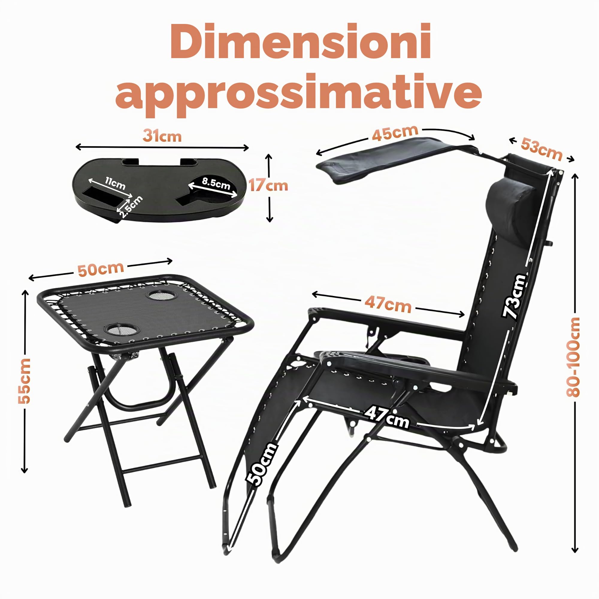Garden Mile Zero Gravity - Set di 3 lettini prendisole con tavolo, 2 sedie reclinabili pieghevoli con tettuccio, portabicchieri e vassoio per telefono, poggiatesta regolabile, portatile, giardino