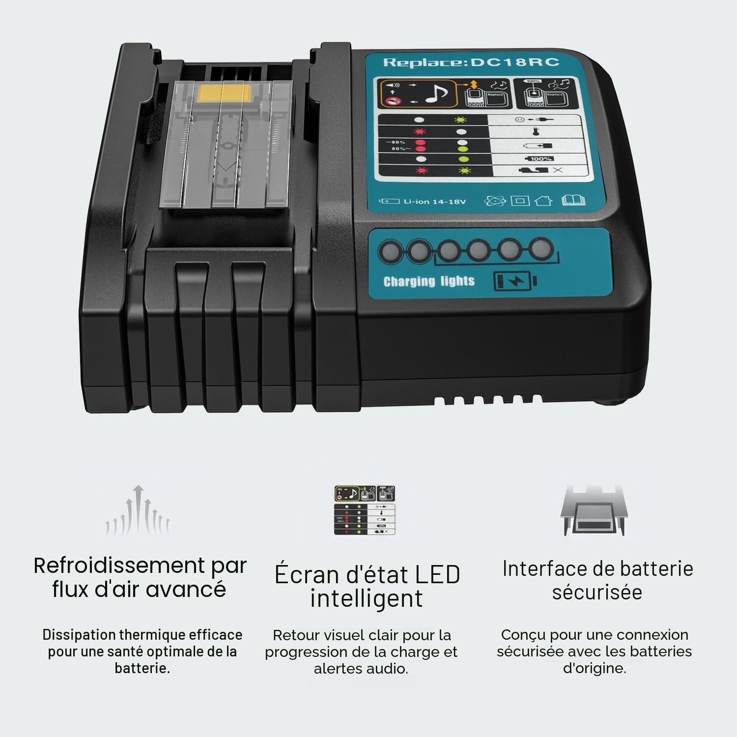 Waitley DC18RC Chargeur pour Makita 14.4V ~ 18V Batterie BL1860B BL1860 BL1850B BL1850 BL1840B BL1840 BL1415 BL1430